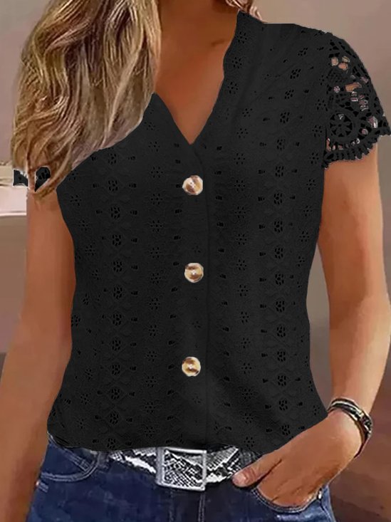 Blouses Décontracté Plain Été Col V Naturel Ample Dentelle Liste préférée Régulier pour Femmes