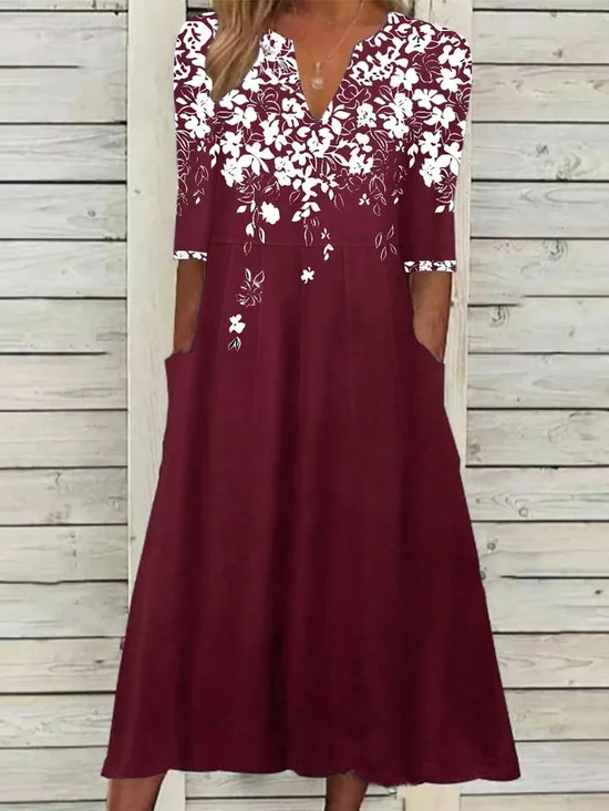 Robes Floral Été Élégant Polyester Léger Quotidien Long Demi Manche Entaillé pour Femmes