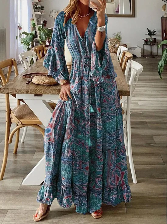 Robes Femmes Floral Boho Printemps / Automne Col V Taille Haute Manches Longues Trapèze Régulier Non
