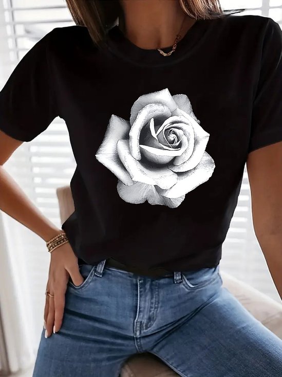 T-shirts Femmes Décontracté Floral Été Quotidien Manches Courtes Col Rond le Jour de la Saint-Valentin Régulier Élasticité moyenne