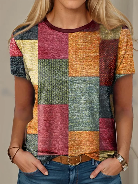 T-shirts Femmes Décontracté Été Multicolore Bloc Quotidien Ample en Mélangé de Coton Régulier Droit Élasticité moyenne