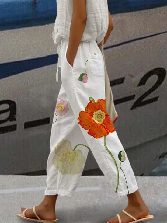 Pantalons Simple Floral Printemps / Automne Polyester Naturel Quotidien Ample Pantalon navet Long pour Femmes