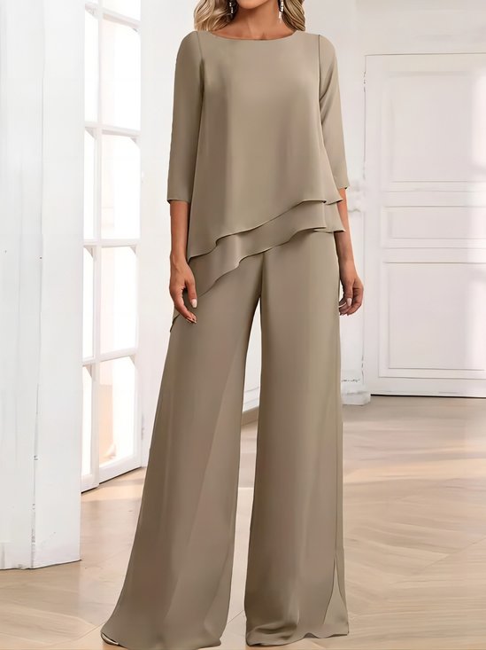 Deux Pièces Ensembles Femmes Décontracté Plain Printemps / Automne Polyester Naturel Micro-élasticité Manches trois quarts Droit Régulier