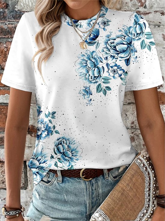 T-shirts Décontracté Floral Été Ample Manches Courtes Col Rond en Mélangé de Coton Régulier Élasticité moyenne pour Femmes