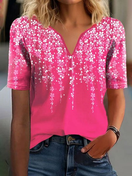 T-shirts Décontracté Floral Été Ample Manches Courtes Entaillé Régulier Boucle Régulier pour Femmes