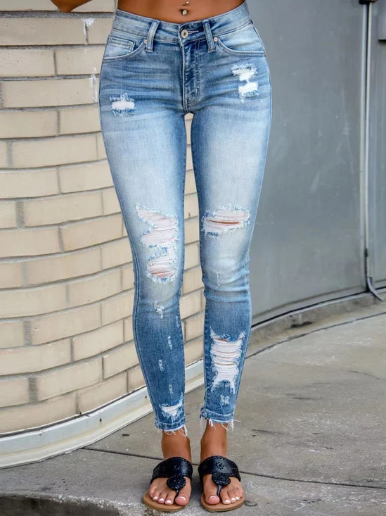 Jeans Décontracté Plain Printemps / Automne Coupe Régulière Pantalon droit Toile de Jean Long Élasticité moyenne Dakota du Sud pour Femmes
