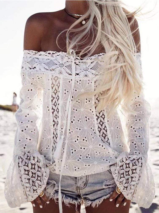 Chemisiers1 Femmes Boho Plain Printemps / Automne Coton Naturel Ample à Épaules Dénudées Droit Bohémien