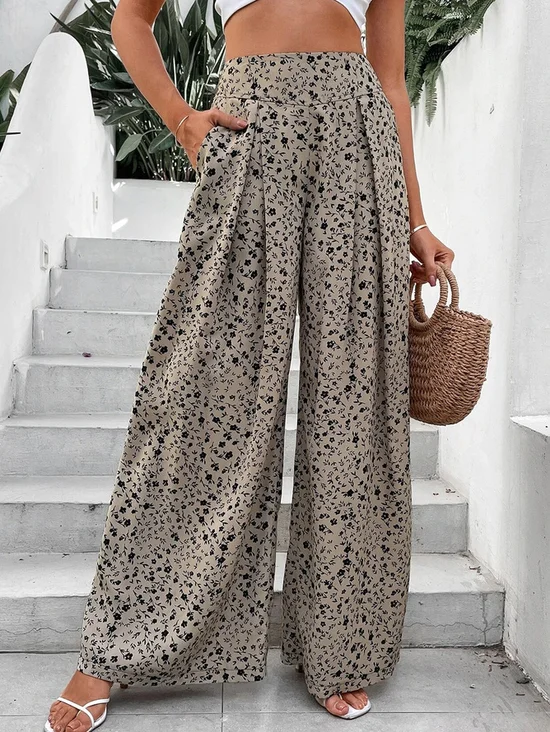 Pantalons Femmes Vacances Printemps / Automne Petit Floral Polyester Naturel Ample Pantalons à Jambe Large Droit Régulier