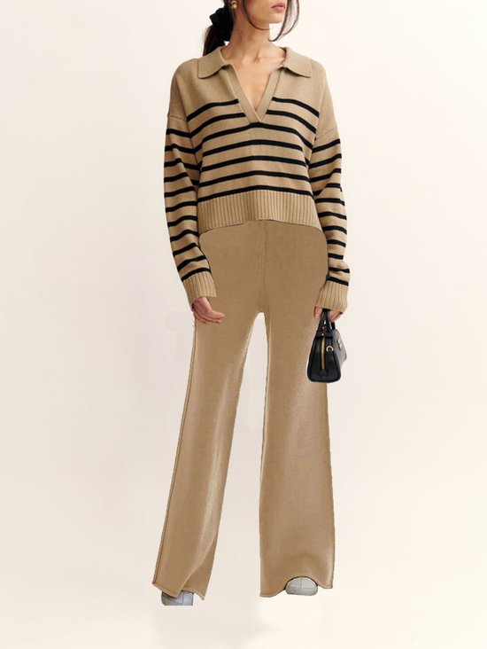 Deux Pièces Ensembles Rayé Décontracté Printemps / Automne Acrylique Naturel Top Avec Pantalons Droit Régulier Élasticité moyenne pour Femmes