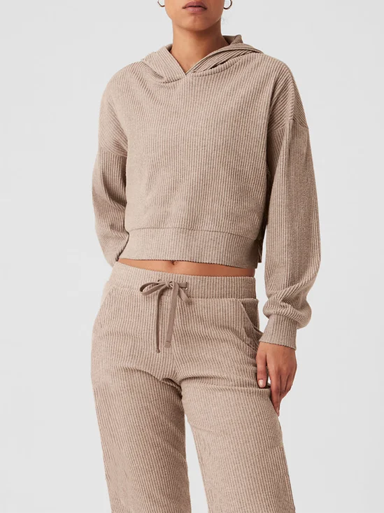 Deux Pièces Ensembles Femmes Décontracté Plain Printemps / Automne Naturel Micro-élasticité Pull-over Top Avec Pantalons Droit Régulier