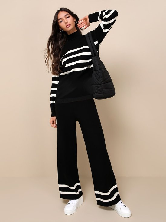 Deux Pièces Ensembles Femmes Rayé Décontracté Printemps / Automne Acrylique Naturel Quotidien Ample Top Avec Pantalons Élasticité moyenne