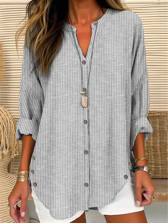 Blouses Femmes Rayé Décontracté Printemps / Automne Polyester Naturel Micro-élasticité Ample Régulier Col de Chemise