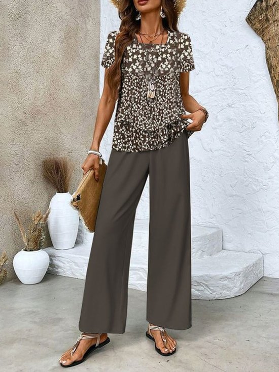 Deux Pièces Ensembles Femmes Décontracté Été Petites fleurs Polyester Col Carré Naturel Quotidien Top Avec Pantalons Régulier