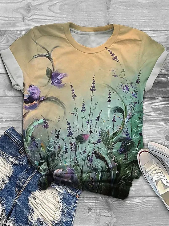 T-shirts Femmes Décontracté Floral Été Ample Jersey Régulier Droit Régulier Élasticité moyenne