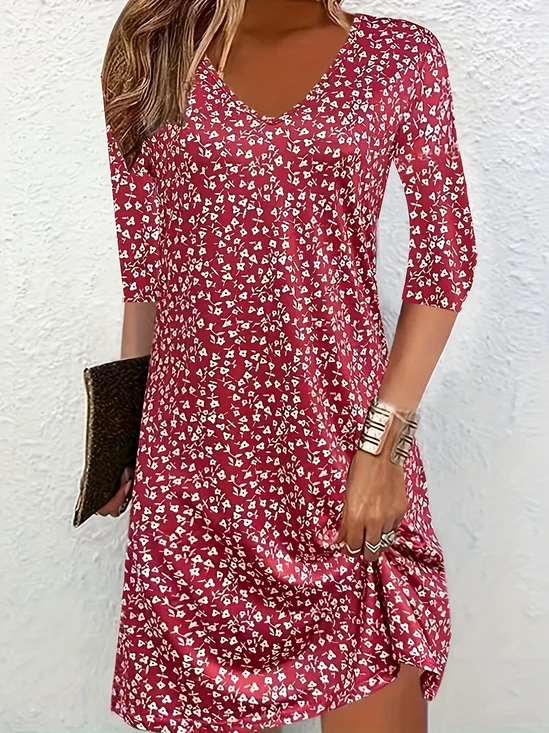 Robes Femmes Décontracté Été Petites fleurs Col V Micro-élasticité Jersey Mi-longue Demi Manche Non