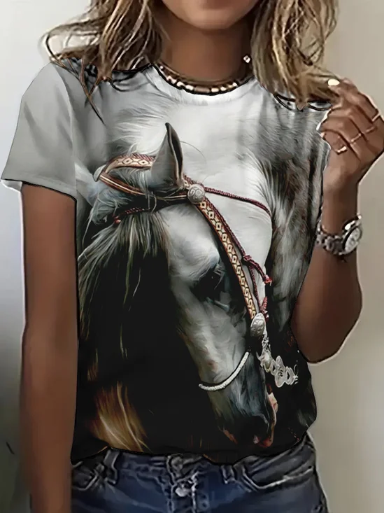 T-shirts Décontracté cheval Été Quotidien Ample Jersey Manches Courtes Col Rond Régulier pour Femmes