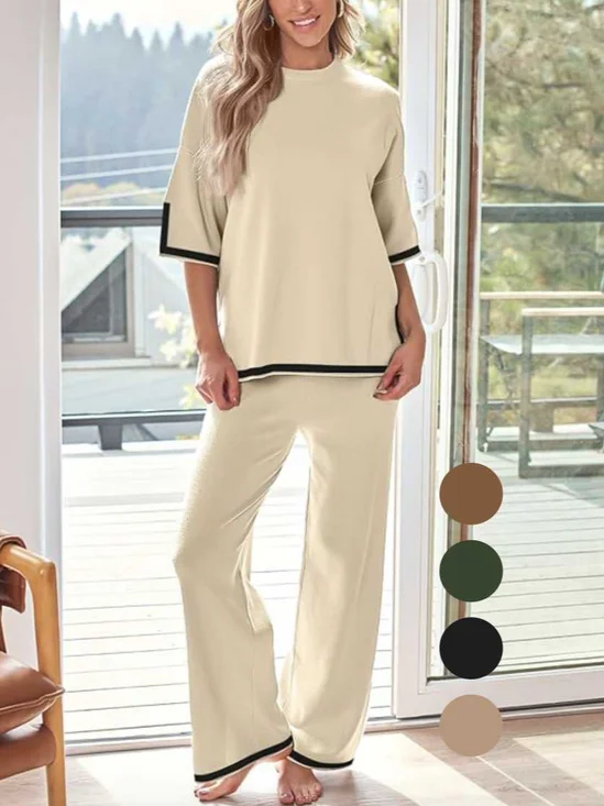 Deux Pièces Ensembles Décontracté Plain Été Naturel à Haute Élasticité Quotidien Demi Manche Top Avec Pantalons Régulier pour Femmes