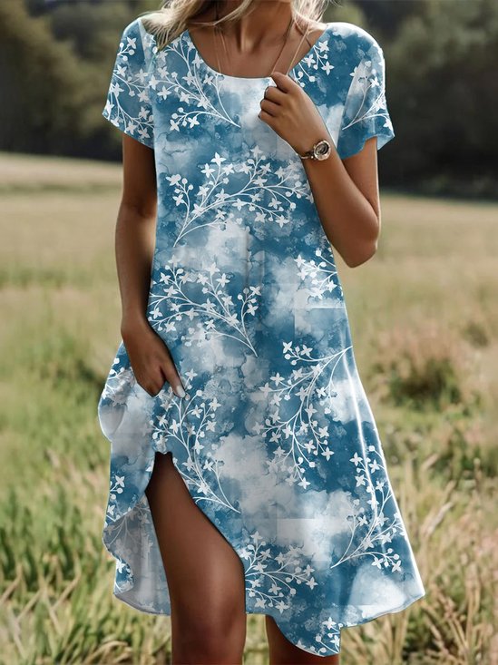 Robes Femmes Décontracté Floral Été Polyester Naturel Micro-élasticité Ample Manches Courtes Col Rond