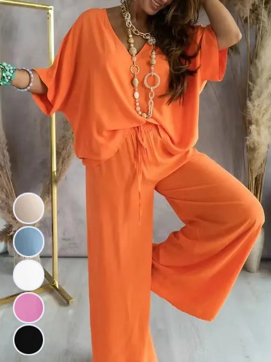 Deux Pièces Ensembles Décontracté Plain Été Col V Ample Demi Manche Top Avec Pantalons Droit Régulier pour Femmes