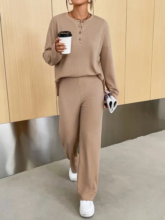 Deux Pièces Ensembles Femmes Décontracté Plain Printemps / Automne Naturel Quotidien Top Avec Pantalons Droit Boucle Élasticité moyenne