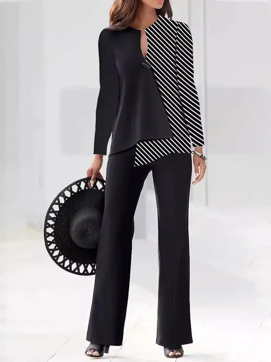 Deux Pièces Ensembles Femmes Abstrait Décontracté Printemps / Automne Polyester Col V Micro-élasticité Manches Longues Droit Régulier
