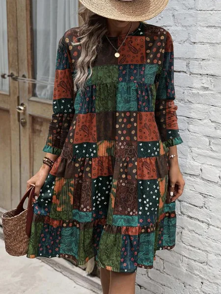 Robes Décontracté Ethnique Printemps / Automne Naturel Mini Manches Longues Trapèze Régulier Non pour Femmes