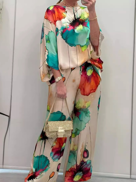 Deux Pièces Ensembles Femmes Décontracté Floral Printemps / Automne Naturel Quotidien Ample Top Avec Pantalons Droit Régulier