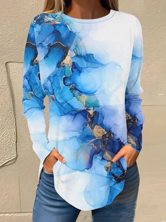 T-shirts Décontracté Abstrait Printemps / Automne Imprimé Micro-élasticité Ample Manches Longues Régulier Droit pour Femmes