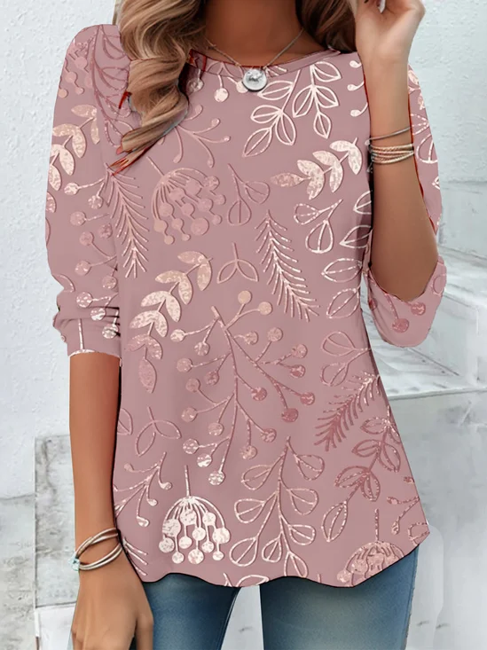 T-shirts Femmes Décontracté Printemps / Automne branches Aucune élasticité Quotidien Ample Jersey Manches Longues Col Rond