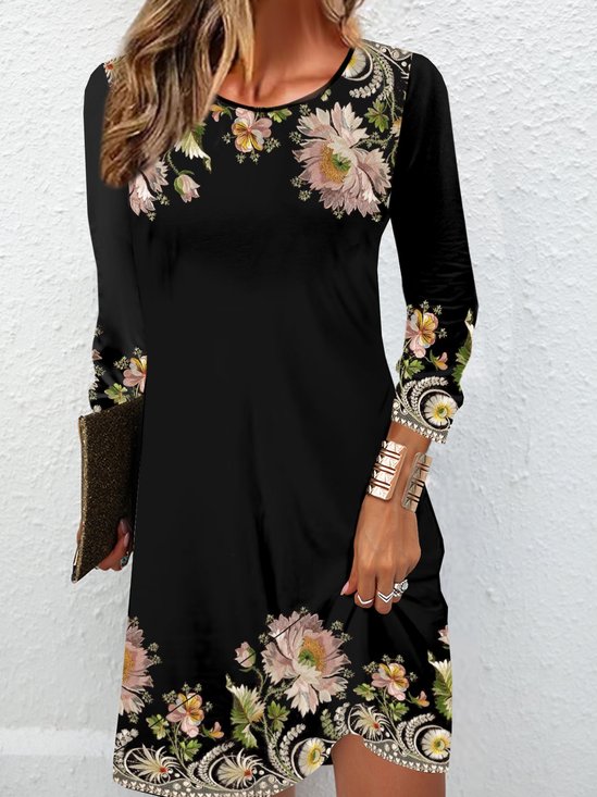 Robes Décontracté Floral Printemps / Automne Naturel Ample Mini Manches Longues Élasticité moyenne Non Ceinture pour Femmes