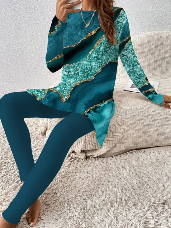 Deux Pièces Ensembles Femmes Décontracté Abstrait Printemps / Automne Naturel Quotidien Col Rond Top Avec Pantalons Droit Régulier