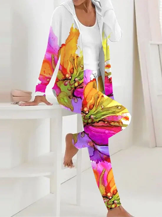 Deux Pièces Ensembles Décontracté Floral Printemps / Automne Polyester Sweat-shirt à Capuche Naturel Ample Régulier T.-N.-L. pour Femmes