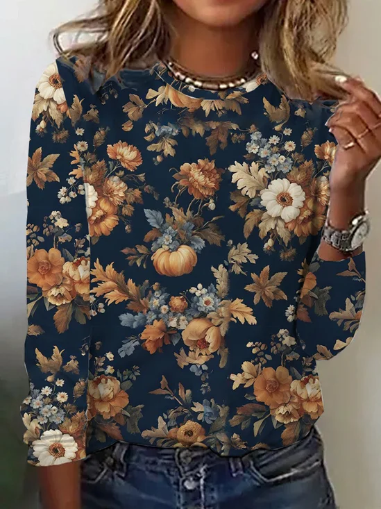 T-shirts Décontracté Floral Printemps / Automne Micro-élasticité Ample Jersey Manches Longues Droit Régulier pour Femmes