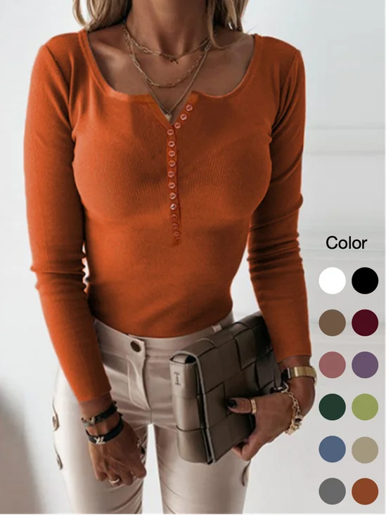 Pulls Décontracté Plain Printemps / Automne à Haute Élasticité Serré Manches Longues Col Rond Fil/fil de laine Régulier pour Femmes