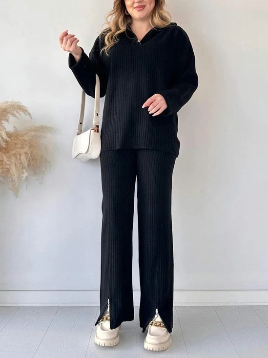 Deux Pièces Ensembles Décontracté Plain Printemps / Automne Tricoté Zip Quotidien Top Avec Pantalons Régulier Col mi-ouvert pour Femmes