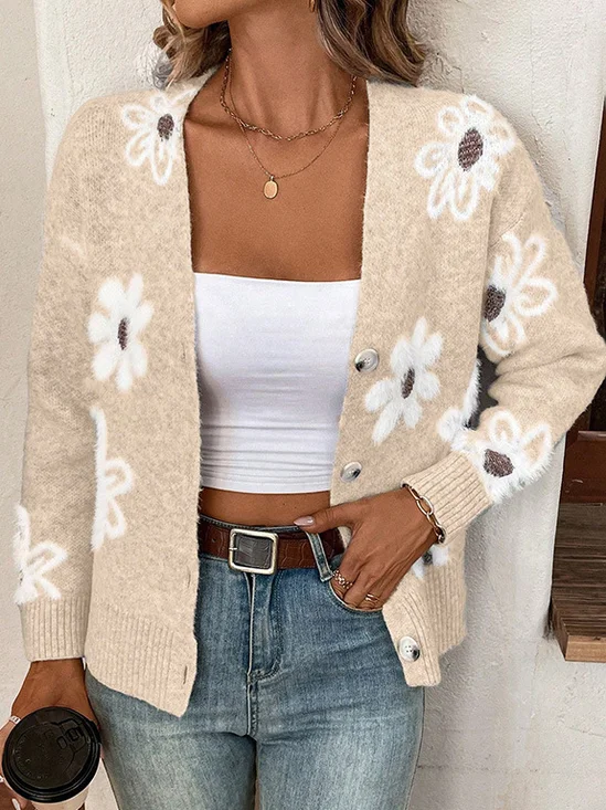 Cardigans Femmes Décontracté Floral Printemps / Automne Ample Manches Longues Régulier Droit Boucle Élasticité moyenne