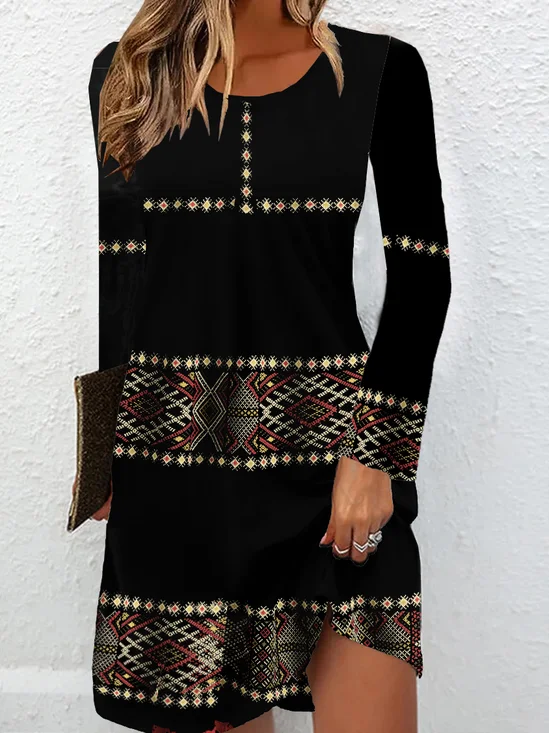 Robes Boho Ethnique Printemps / Automne Naturel Col Rond Robe t-shirt Régulier ré Non Ceinture pour Femmes