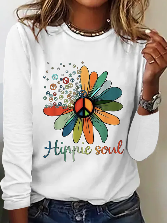T-shirts Rétro Floral Printemps / Automne Manches Longues Col Rond en Mélangé de Coton Régulier Droit ré pour Femmes