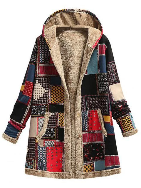 Manteaux Femmes Rétro Hiver Bloc de Couleur Polyester Micro-élasticité Ample Sweat à capuche zippé Droit en Toison