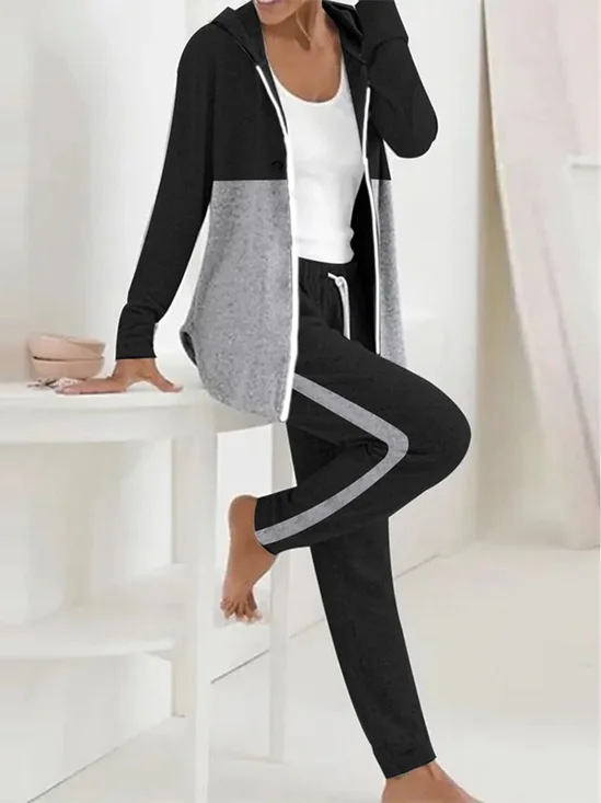 Deux Pièces Ensembles Femmes Décontracté Bloc de Couleur Printemps / Automne Polyester Sweat-shirt à Capuche Ample Droit Régulier T.-N.-L.