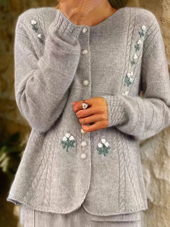 Cardigans Décontracté Floral Hiver Poids lourd Ample Manches Longues Régulier Droit Élasticité moyenne pour Femmes