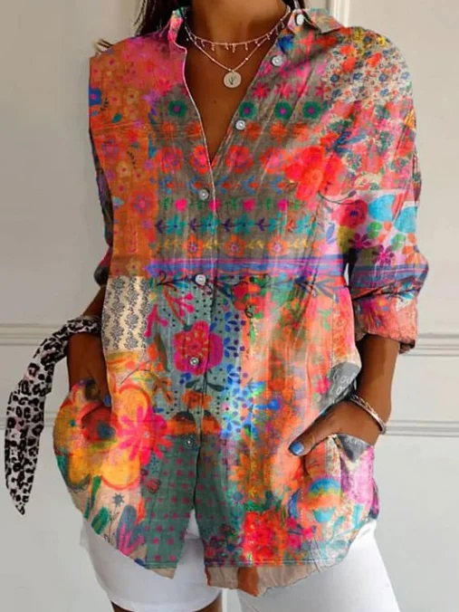 Chemises Rétro Floral Printemps / Automne Polyester Boutonné Naturel Quotidien Ample Manches Longues pour Femmes