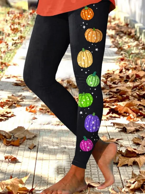 Pantalons De Yoga Femmes Décontracté Toutes Les Saisons Motif de citrouille Naturel Serré Jersey Toussaint Pantalon coupe slim Long