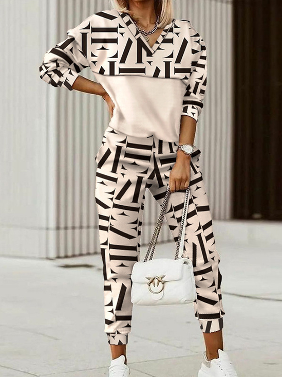 Deux Pièces Ensembles Géométrique Décontracté Printemps / Automne Col V Naturel Quotidien Manches Longues Top Avec Pantalons Régulier pour Femmes