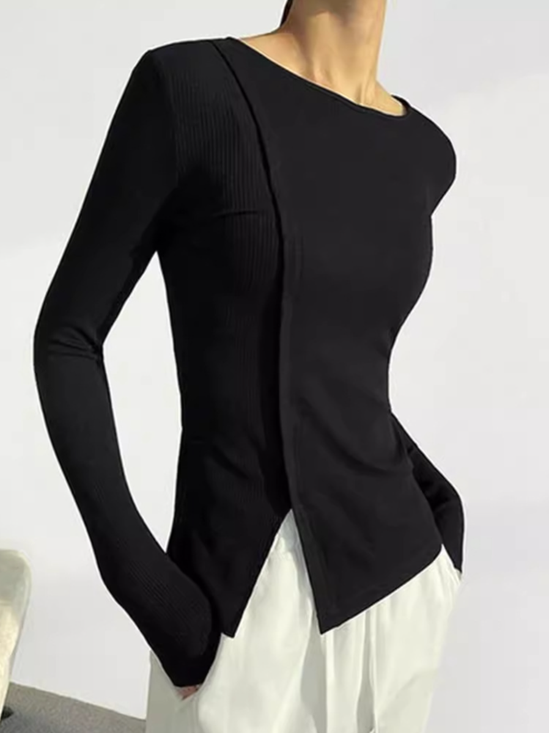 T-shirts Décontracté Plain Printemps / Automne Micro-élasticité Quotidien Coupe Régulière Manches Longues Col Rond Droit pour Femmes