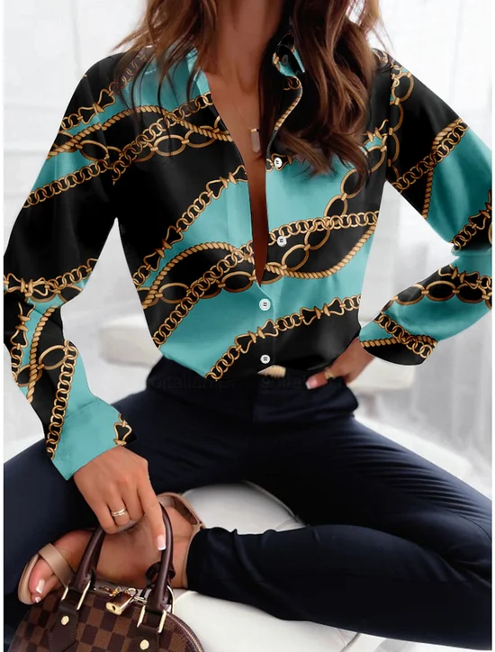 Chemises Géométrique Décontracté Printemps / Automne Polyester Léger Quotidien Coupe Régulière Manches Longues Droit pour Femmes