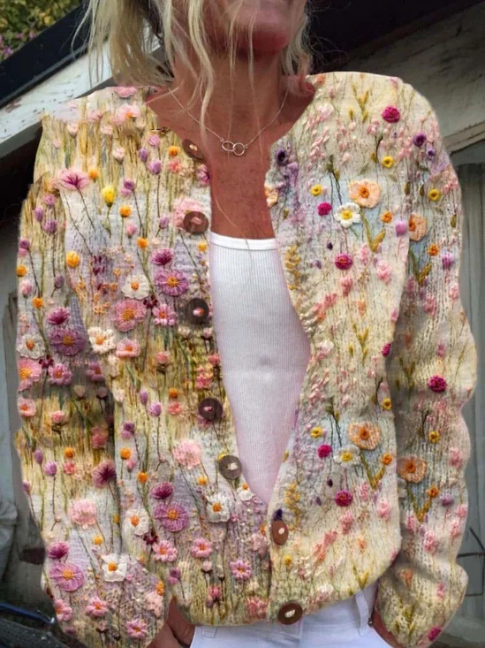 Cardigans Boho Floral Printemps / Automne Tricoté Quotidien Manches Longues Col Rond Régulier Régulier pour Femmes