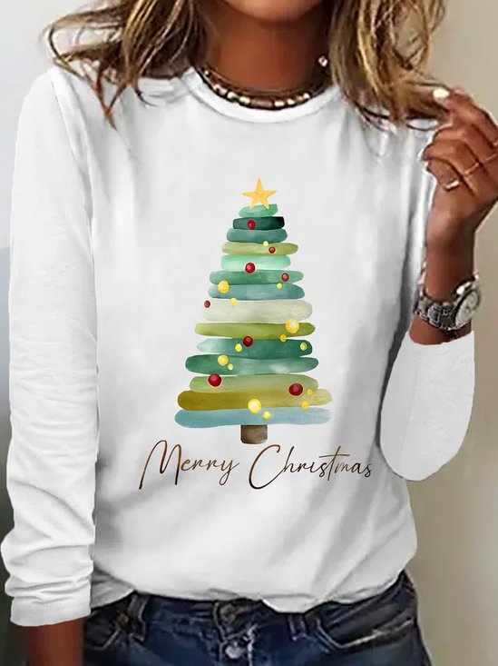 T-shirts Décontracté Printemps / Automne Sapin de Noël Quotidien Meilleure vente Manches Longues Régulier Droit Élasticité moyenne pour Femmes
