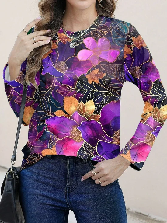 T-shirts Décontracté Floral Printemps / Automne Imprimé Micro-élasticité Manches Longues Col Rond Droit Régulier pour Femmes