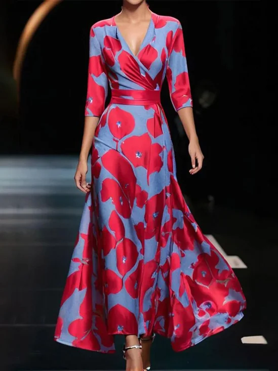 Robes Décontracté Floral Été Polyester Col V Quotidien Maxi Demi Manche Élasticité moyenne pour Femmes
